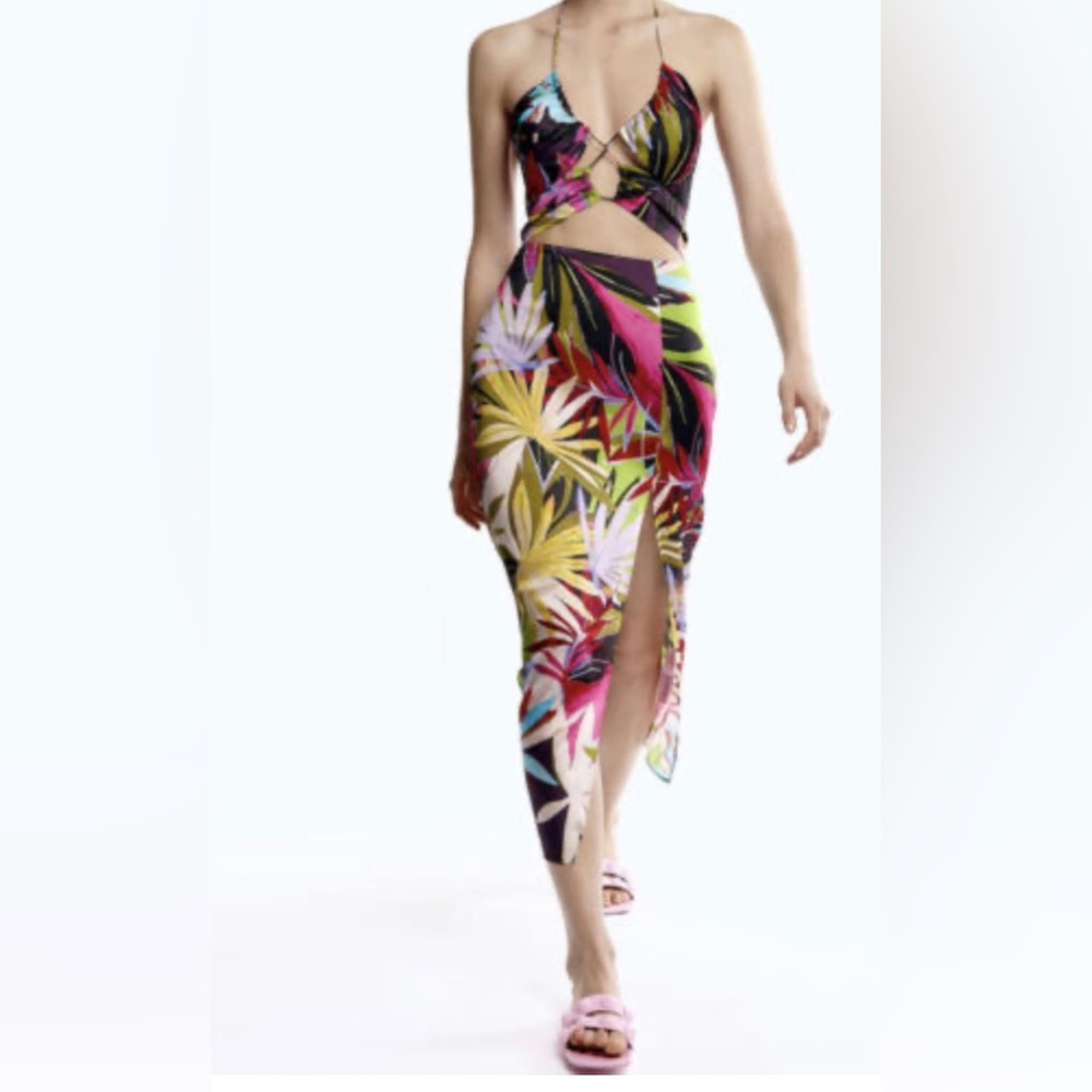 NWT Zara Tropical Print Cutout Dress